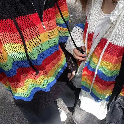 Load image into Gallery viewer, Vintage Striped Cardigan Hollow Out Y2k Aesthetic Hooded Drawstring Sweater Coat Harajuku Zipper Kardigany Jumper Pull Femme
