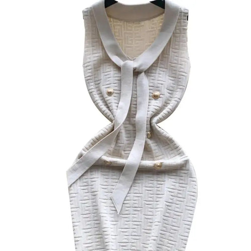 Load image into Gallery viewer, Summer Beige V-neck Sleeveless Slim Knitted Sexy Mini Dresses Women Korean Fashion Button Wrap Hip Short Dress Office 2024 New
