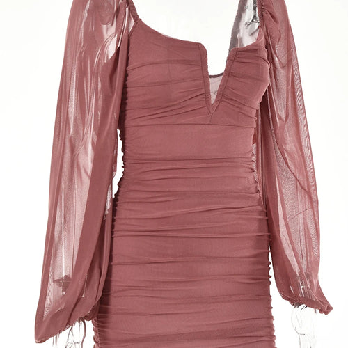 Load image into Gallery viewer, Backless Pleated Dress Women New Year 2022 Elegant Casual Solid Double Layer Mesh Mini Evening Dresses Female Clothing
