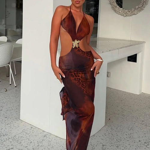 Load image into Gallery viewer, Halter Deep V Neck Print Sexy Maxi Dress For Women Gown Summer New Hollow Out Sleeveless Backless Beach Long Dress
