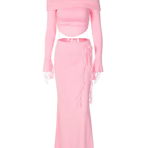 Load image into Gallery viewer, Elegant Halter 3D Flower Two Piece Sets Women Fashion Off-shoulder Tops And Maxi Skirt Matching Sets Bodycon Sexy Dress
