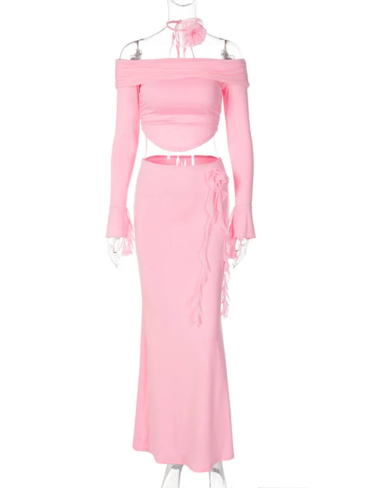 Elegant Halter 3D Flower Two Piece Sets Women Fashion Off-shoulder Tops And Maxi Skirt Matching Sets Bodycon Sexy Dress