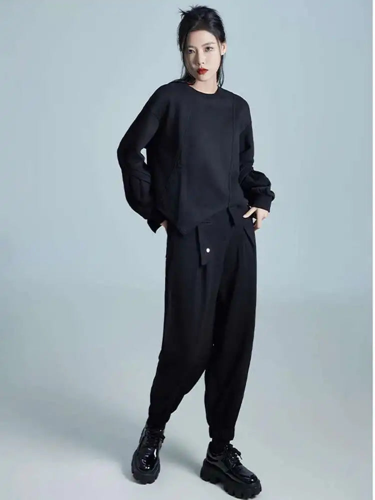 Loose Fit Black Irregular Sweatshirt New Round Neck Long Sleeve Women Big Size Fashion Tide Spring Autumn 2025 1DH1988