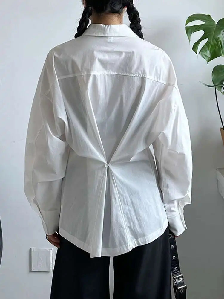 Women White Back Button Pleated Big Size Elegant Blouse New Lapel Long Sleeve Shirt Fashion Spring Autumn 2025 1DJ0301