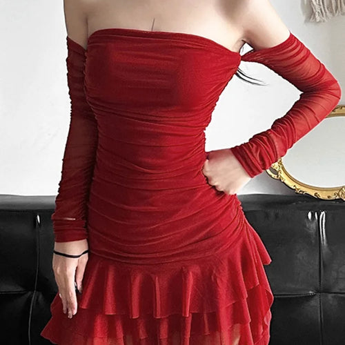 Load image into Gallery viewer, Autumn/Winter New Sexy One Line Neck Fashion Lace Up Wrap Hip Women Dress Ruffle Edge Tight Party Evening Dress
