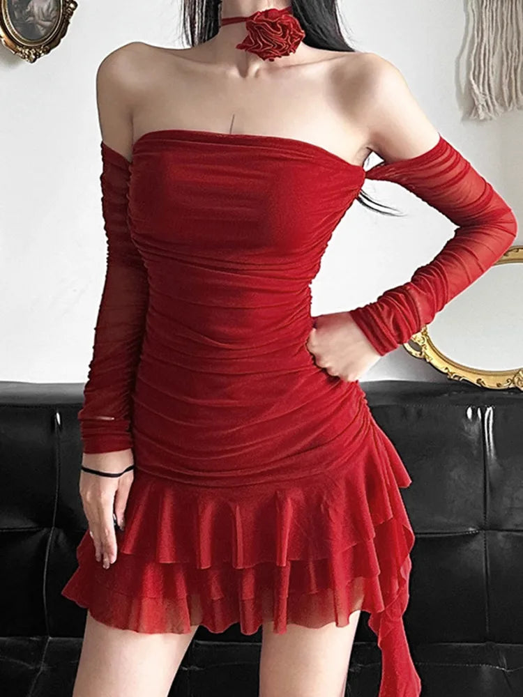 Autumn/Winter New Sexy One Line Neck Fashion Lace Up Wrap Hip Women Dress Ruffle Edge Tight Party Evening Dress