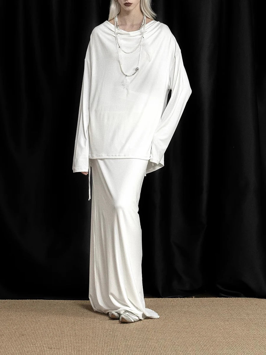 Solid Spliced Lace Loose T Shirts For Women Irregular Long Sleeve Minimalsit T Shirt Female Fashion Style Clothes