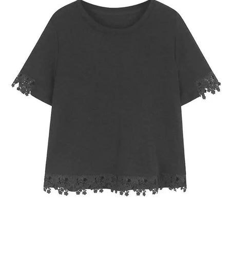 Women Black White Plain Color Lace Spliced T-shirt New Round Neck Short Sleeve Fashion Tide Spring Summer 2025 1DJ0709