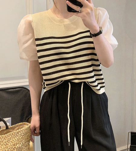 Lantern Short Sleeve Shirt For Women's Summer New Vintage Striped Blouse Tops Female B-085