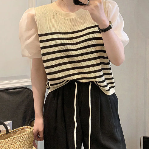 Load image into Gallery viewer, Lantern Short Sleeve Shirt For Women&#39;s Summer New Vintage Striped Blouse Tops Female B-085
