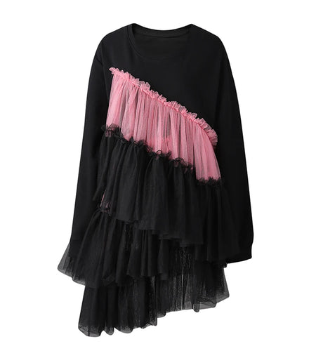 Women Balck Mesh Ruffles Irregular Big Size Mini Dress New Round Neck Long Sleeve Fashion Tide Spring Autumn 2025 CPG3045