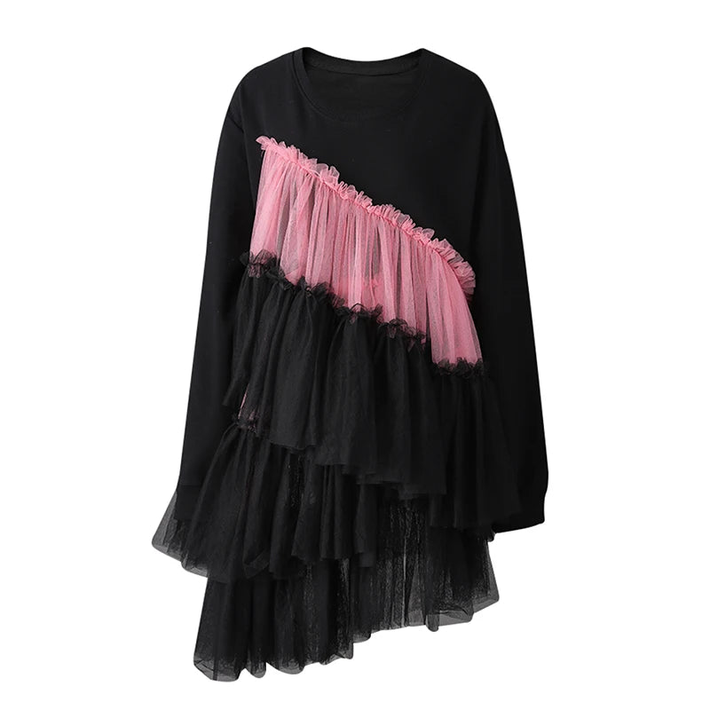 Women Balck Mesh Ruffles Irregular Big Size Mini Dress New Round Neck Long Sleeve Fashion Tide Spring Autumn 2025 CPG3045