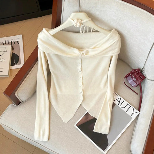 Load image into Gallery viewer, Spring Women&#39;s Purple Blue Off Shoulder Festival Irregular Cardigan Sweater Korean Fashion Beige Single Breasted Short Knit Tops
