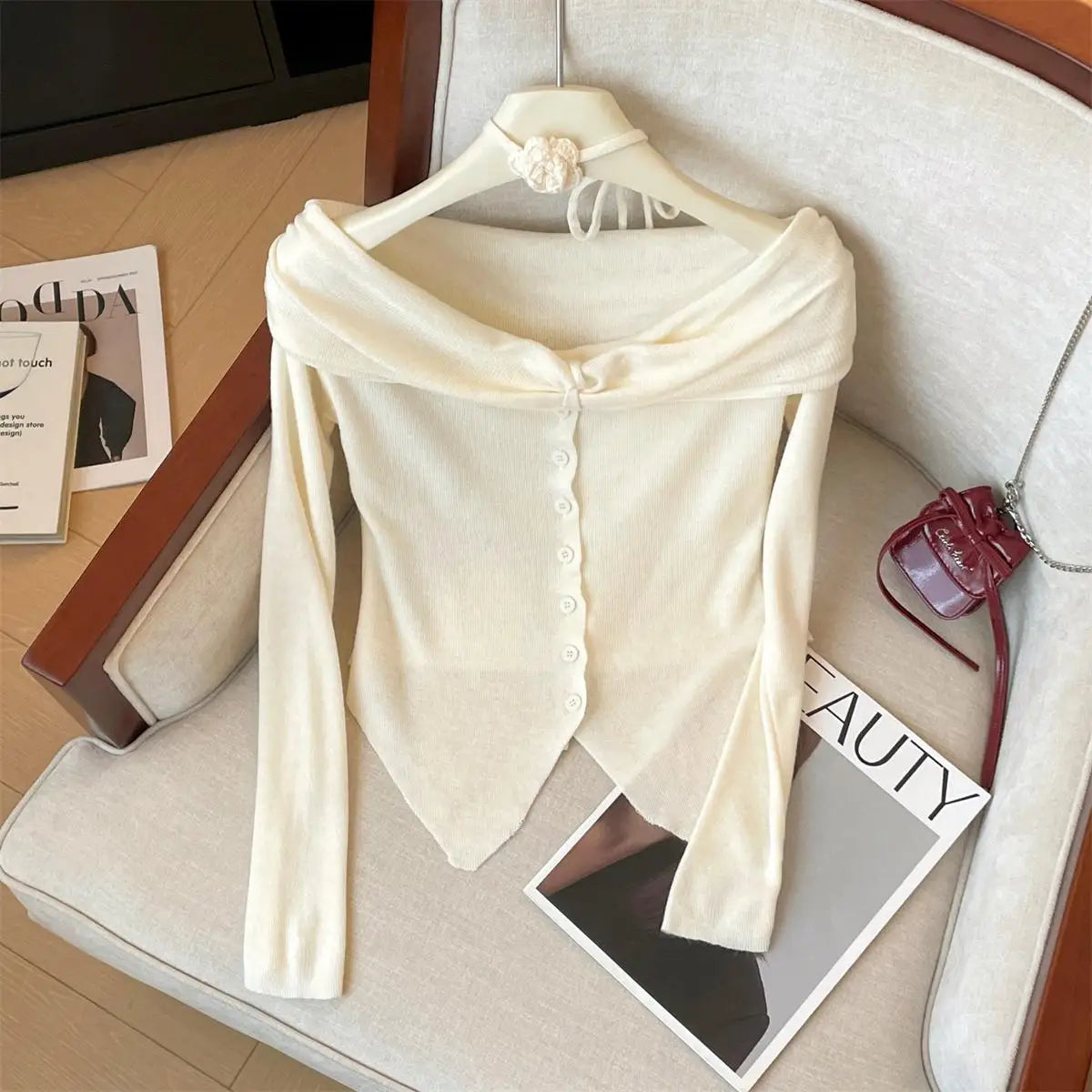 Spring Women's Purple Blue Off Shoulder Festival Irregular Cardigan Sweater Korean Fashion Beige Single Breasted Short Knit Tops