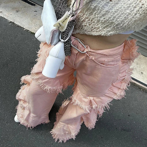 Load image into Gallery viewer, Fashion Pink Tassel Flare Jeans Women Design Streetwear Ruffles Patchwork Baggy Denim Trousers Coquette Clothes Pants
