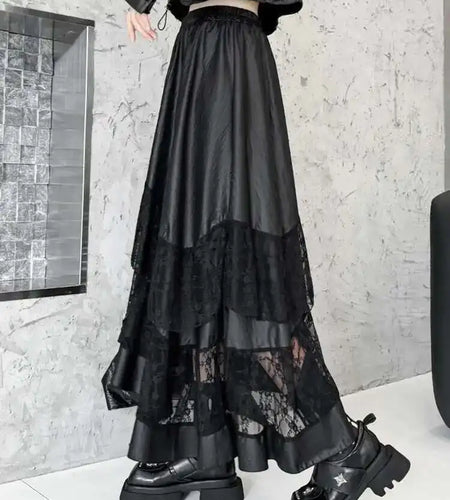 High Elastic Waist Black Pu Leather Lace Hem Casual Half-body Skirt Women Fashion Tide New Spring Autumn 2025 1DH7283