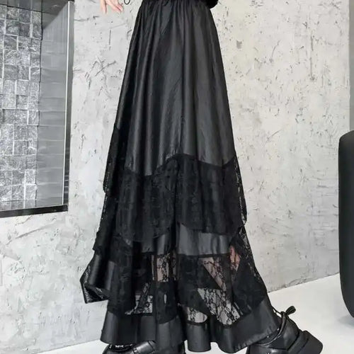 Load image into Gallery viewer, High Elastic Waist Black Pu Leather Lace Hem Casual Half-body Skirt Women Fashion Tide New Spring Autumn 2025 1DH7283
