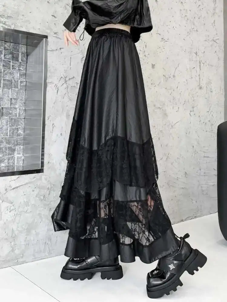 High Elastic Waist Black Pu Leather Lace Hem Casual Half-body Skirt Women Fashion Tide New Spring Autumn 2025 1DH7283