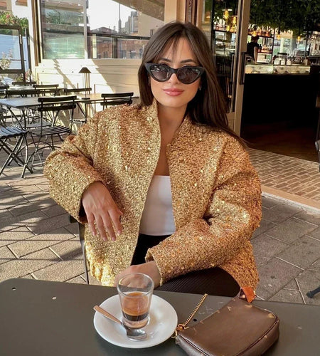 Women's Sequined Bomber Jacket Fall O Neck Long Sleeve Pocket Stretch Hem Sequins Jacket Coat Female Chic Outerwear