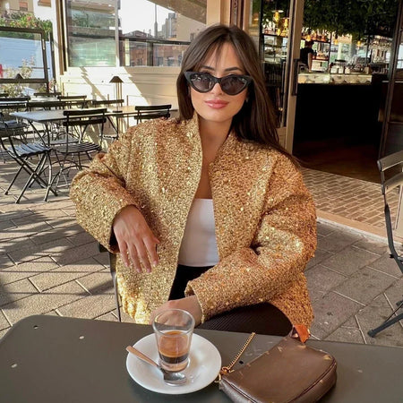 Women's Sequined Bomber Jacket Fall O Neck Long Sleeve Pocket Stretch Hem Sequins Jacket Coat Female Chic Outerwear