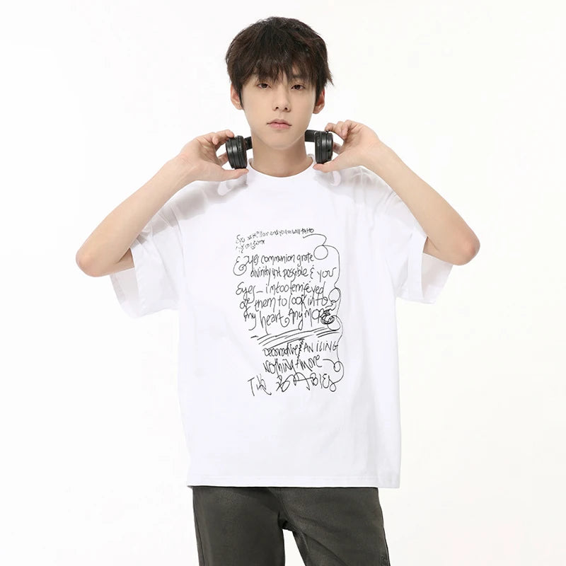 Korean Design Men's T-shirts Graffiti Line Letter Printing Tees O-neck Short Sleeve Casual Male Tops Chic Summer 9C6474