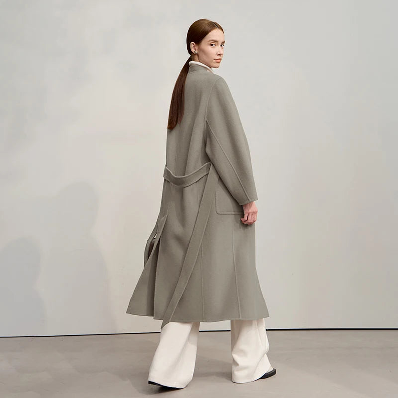 100% Wool Women's Jacket Coat 2025 Winter New Long Zipper Woolen Coat Woman With Belt Double-sided Tweed Jacket 12544007