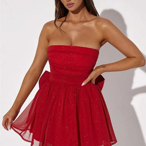 Load image into Gallery viewer, Mesh Strapless Sparkle Sexy Mini Dress For Women Fashion Backless Bow Pleated Dresses Femme Club Party Dress Elegant
