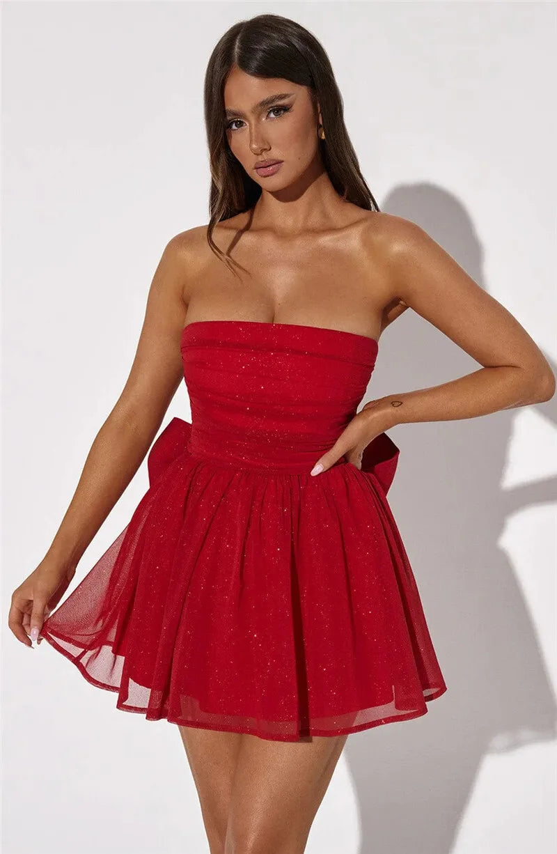 Mesh Strapless Sparkle Sexy Mini Dress For Women Fashion Backless Bow Pleated Dresses Femme Club Party Dress Elegant