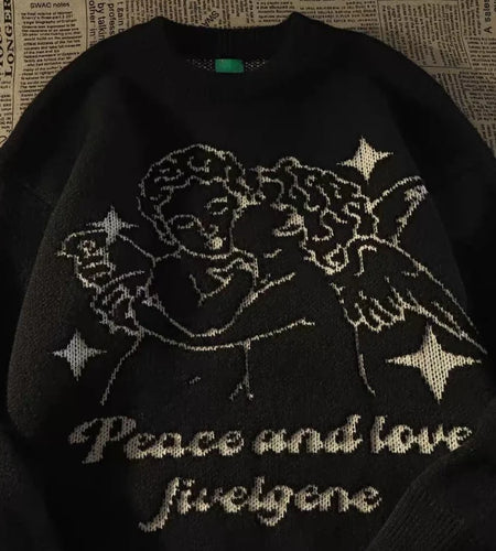 Japanese Women Men Sweater Angel Jacquard Loose Casual Retro All Match Pullover Harajuku Couples  Korean Fashion