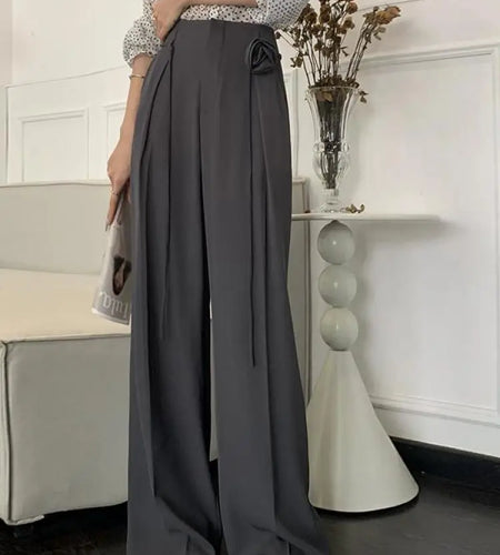 Korean Clothes Summer Black White Wide Leg Long Pants Women's Gray High Waist Loose Lace Up Flower Decoration Trousers Trend New