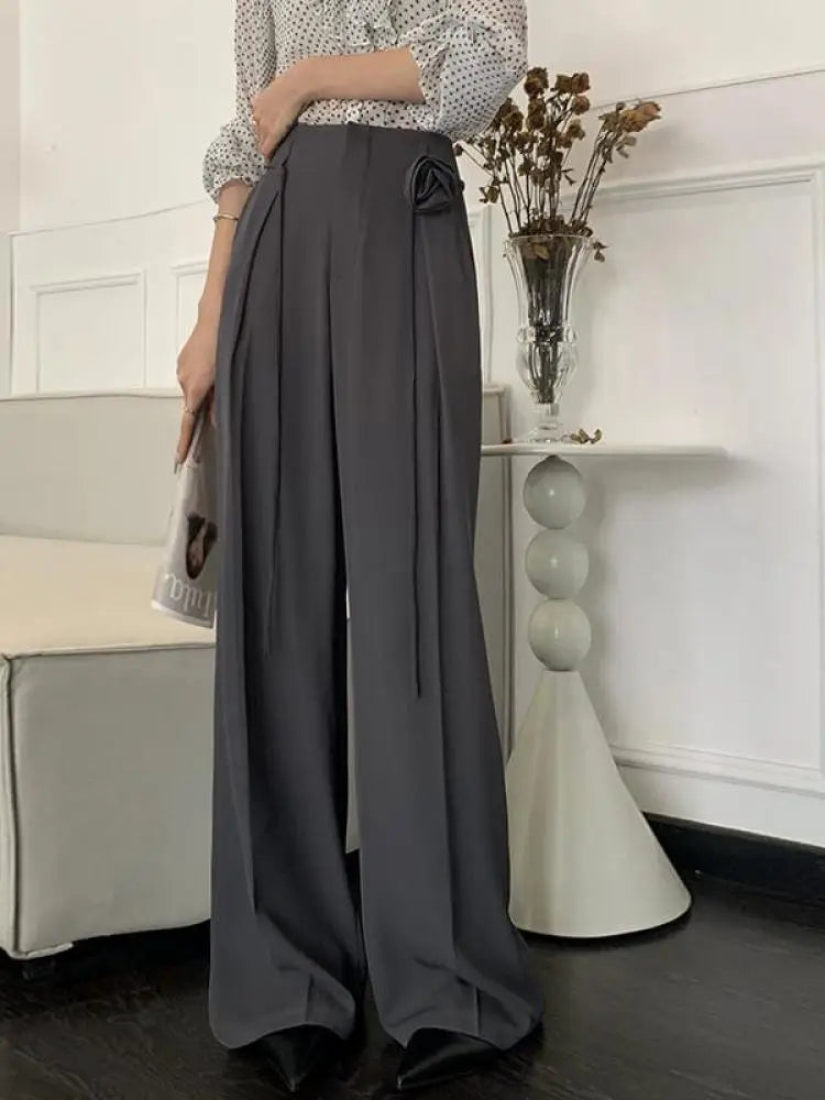 Korean Clothes Summer Black White Wide Leg Long Pants Women's Gray High Waist Loose Lace Up Flower Decoration Trousers Trend New