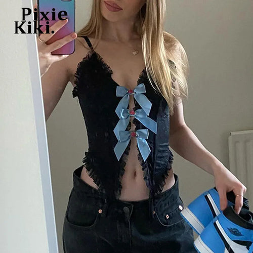 Load image into Gallery viewer, Bows Lace Black Crop Top Coquette Clothes Aesthetic V Neck Backless Y2k Cute Summer Tops Women Tanks &amp; Camis P77-CH10
