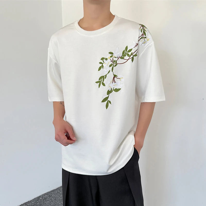 Men's Chinese Style Embroidered Short Sleeved 2024 Male Summer Round Neck Embroidered Loose Top Casual T-shirt 9C5547