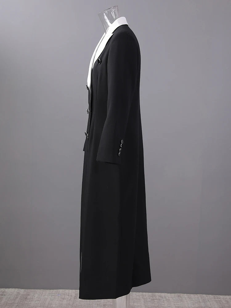 Women Color-block Double Breasted Long Elegant Blazer New Lapel Long Sleeve Jacket Fashion Spring Autumn 2025 7AB6826