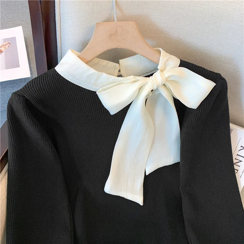 Black Patchwork Bow Collar Women Elegant Sweater Korean Chic Slim Knitted Long Sleeve Office Lady Pullover Top Autumn Winter New