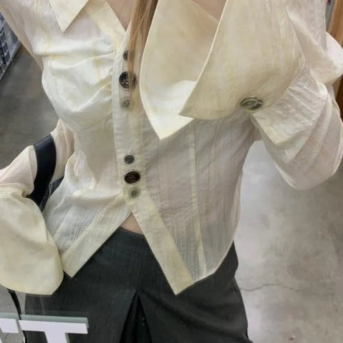 Load image into Gallery viewer, Y2k Aesthetic Pleated Flare Sleeve Women Blouse Sexy Single Breasted Slim Grunge Solid Shirt Harajuku Crop Streetwear Blusas
