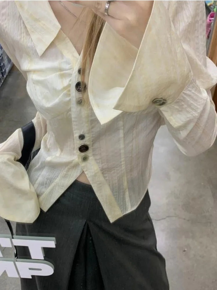 Y2k Aesthetic Pleated Flare Sleeve Women Blouse Sexy Single Breasted Slim Grunge Solid Shirt Harajuku Crop Streetwear Blusas