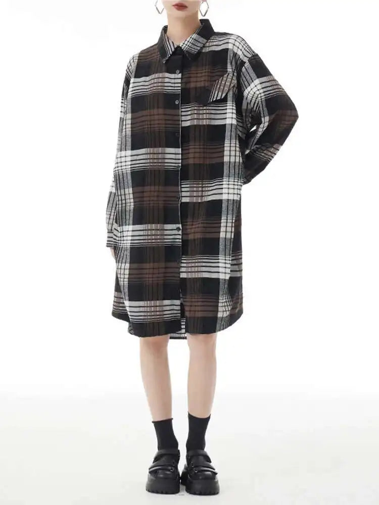 Women Plaid Big Size Knee-Length Shirt Dress New Lapel Long Sleeve A-line Loose Fit Fashion Spring Autumn 2025 1DH2091