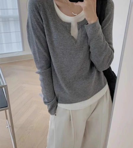 Y2k Aesthetics Fake Two Pieces Streetwear T-shirt Knitted Grunge Casual Loose Tshirt 2025 Autumn Harajuku Irregular Vintage Tops