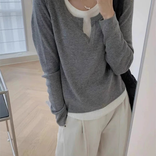 Load image into Gallery viewer, Y2k Aesthetics Fake Two Pieces Streetwear T-shirt Knitted Grunge Casual Loose Tshirt 2025 Autumn Harajuku Irregular Vintage Tops
