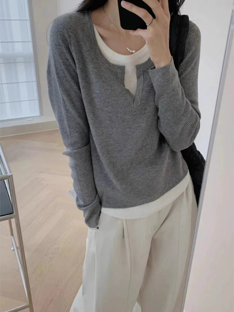 Y2k Aesthetics Fake Two Pieces Streetwear T-shirt Knitted Grunge Casual Loose Tshirt 2025 Autumn Harajuku Irregular Vintage Tops