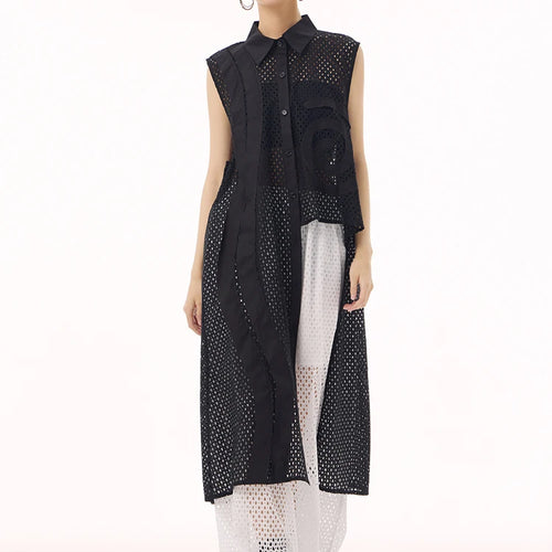 Load image into Gallery viewer, Women White Hollow Out Big Size Long Elegant Shirt Dress New Lapel Sleeveless Fashion Tide Spring Autumn 2025 1DH9424
