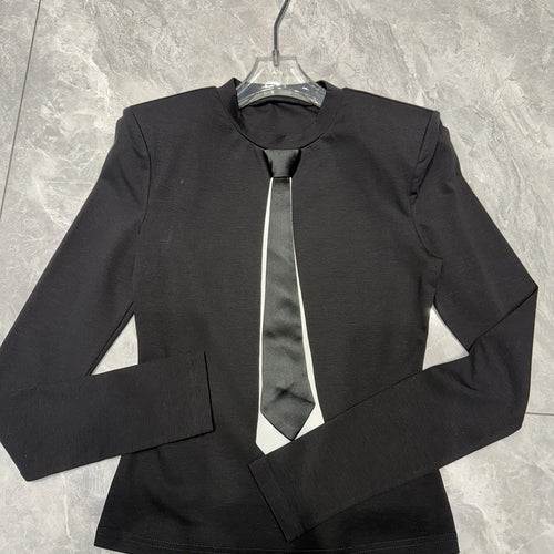 Load image into Gallery viewer, Colorblock Slimming Spliced Necktie Fashion T Shirts for Women Round Neck Long Sleeves Temperament T Shirt Female
