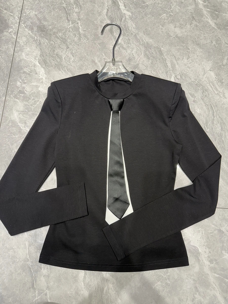 Colorblock Slimming Spliced Necktie Fashion T Shirts for Women Round Neck Long Sleeves Temperament T Shirt Female