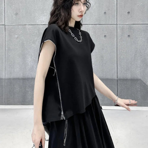Load image into Gallery viewer, Black Zipper T-shirt Half-body Skirt Two Pieces Suit New Round Neck Short Sleeve Women Fashion Spring Summer 2025 1DJ0167
