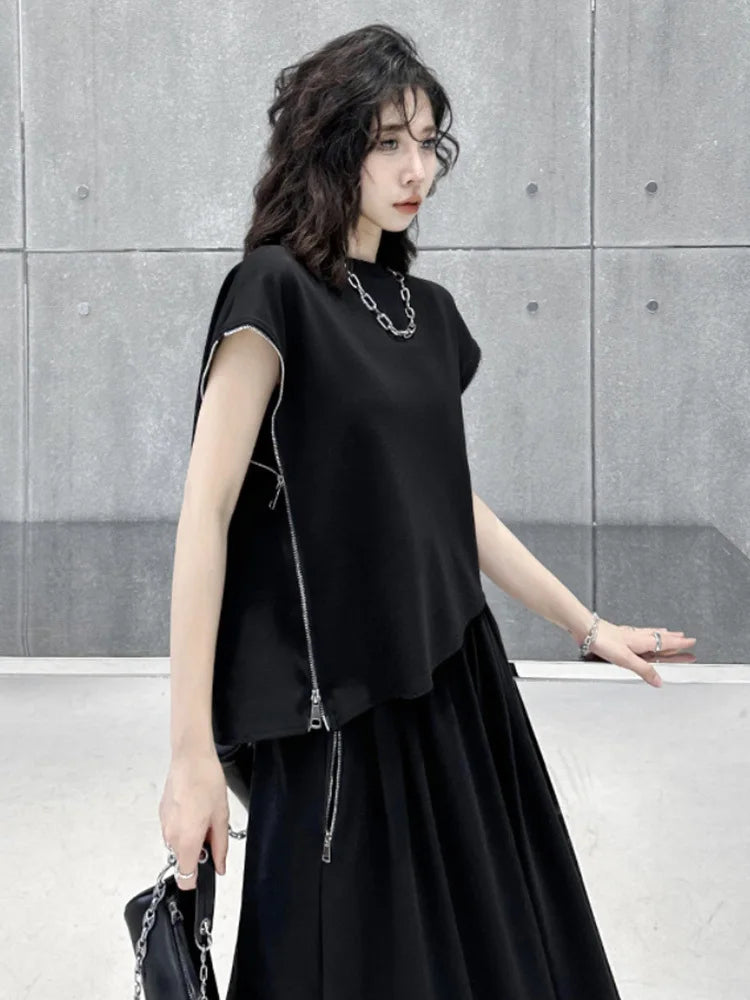 Black Zipper T-shirt Half-body Skirt Two Pieces Suit New Round Neck Short Sleeve Women Fashion Spring Summer 2025 1DJ0167