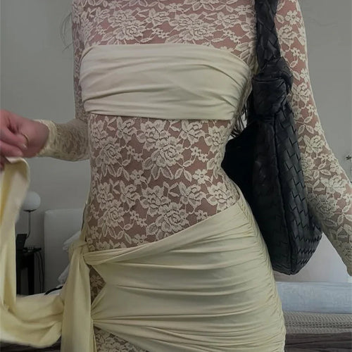 Load image into Gallery viewer, Lace See Through Draped Mini Dress Women Robe Elegant Patchwork Long Sleeve Slim Ruched Club Party Dress Clubwear
