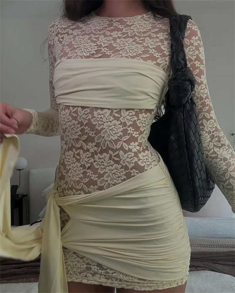 Lace See Through Draped Mini Dress Women Robe Elegant Patchwork Long Sleeve Slim Ruched Club Party Dress Clubwear