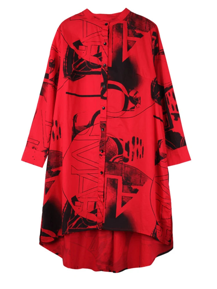 Women Red Pattern Printed Big Size Blouse New Stand Collar Long Sleeve Shirt Fashion Tide Spring Autumn 2025 1DJ1507