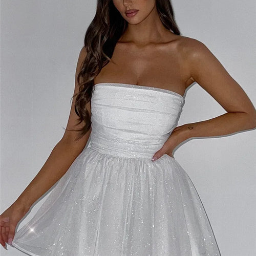 Load image into Gallery viewer, Mesh Strapless Sparkle Sexy Mini Dress For Women Fashion Backless Bow Pleated Dresses Femme Club Party Dress Elegant
